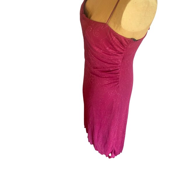 VTG 90s Y2K City Triangles Fusha Midi Rauched Sparkle Dress L Fairy High Low - Picture 9 of 16